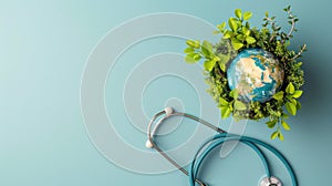 Global Health Day: Earth Ornament on Blue Background for Health Awareness Campaigns photo