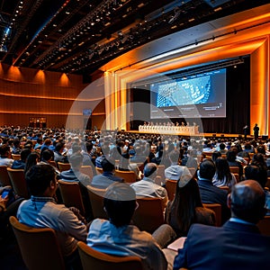 Global health summit featuring key medical breakthroughs, professionals discussing next-gen treatments in a grand conference hall photo