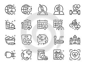 Global healthcare line icon set. Included icons as exercise, health check, healthy food, wellness center, doctor and more. photo