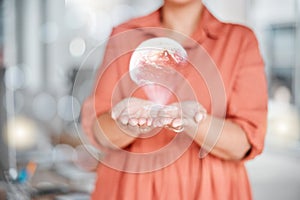 Global, hologram and woman hands for world networking, communication and futuristic company outreach in bokeh