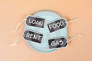 Global increasing prices , high living expenses, food, gas, rent and loan costs standing on tags, empty plate, inflation