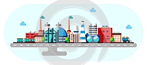 Global industrial factory technology process with ecology concept. Flat illustration of manufacturing buildings. Smart
