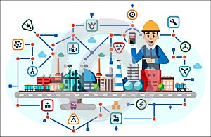 Global industrial factory technology process with ecology concept. Flat style illustration of manufacturing buildings