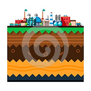 Global industrial factory technology process with ecology concept. Structure of the earth. Flat illustration of