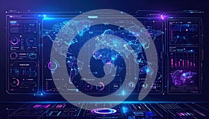 Global Intelligence Dashboard with Neon-Lit Holographic World Map Interface