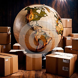 Global international logistics and delivery, shown by globe surrounded by cardboard boxes