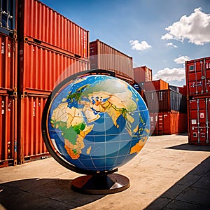 Global international logistics and delivery, shown by globe surrounded by cargo containers