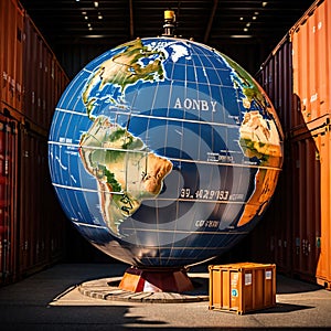 Global international logistics and delivery, shown by globe surrounded by cargo containers