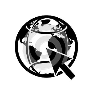 Global internet access icon with cursor pointer symbol white background