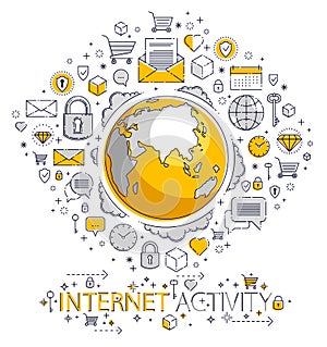 Global internet connection concept, planet earth with different icons set, internet activity, big data, global communication,