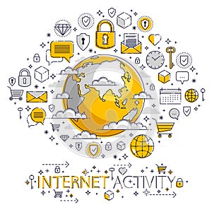 Global internet connection concept, planet earth with different icons set, internet activity, big data, global communication,