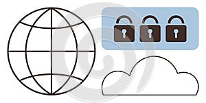 Global Internet Security with Cloud Storage and Data Protection Icons