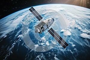 Global internet telecommunications network in space with satellites equipped with solar panels photo