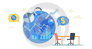 Global Investment Opportunity Business Concept. Earth Globe, Analytics Graphs Pie Charts, Data, Growing Arrow, Dollar