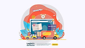 global logistic distribution service illustration concept. delivery worldwide import export shipping banner with people character