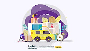 global logistic distribution service illustration concept. delivery worldwide import export shipping banner with people character