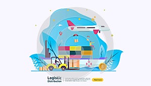 global logistic distribution service illustration concept. delivery worldwide import export shipping banner with people character