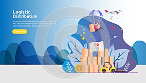 global logistic distribution service illustration concept. delivery worldwide import export shipping banner with people character