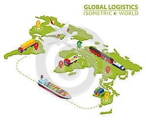 Global Logistic Isometric Vehicle Infographic. Ship Cargo Truck Van Logistics Service. Import Export Chain.