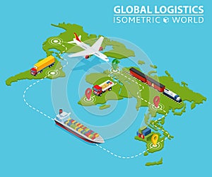 Global Logistic Isometric Vehicle Infographic. Ship Cargo Truck Van Logistics Service. Import Export Chain. Ensured