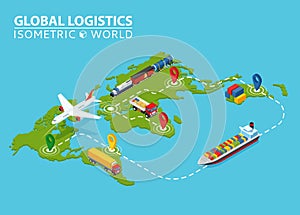 Global Logistic Isometric Vehicle Infographic. Ship Cargo Truck Van Logistics Service. Import Export Chain. Ensured