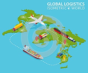 Global Logistic Isometric Vehicle Infographic. Ship Cargo Truck Van Logistics Service. Import Export Chain. Ensured photo