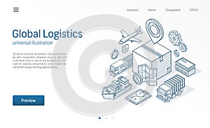 Global logistic service modern isometric line illustration. Export, import, warehouse business, transport sketch drawn