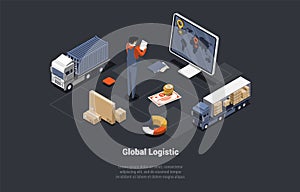 Global Logistics Business. Cargo Land Transportation, Courier Delivery. Delivery Truck With Cardboard Boxes. Employee
