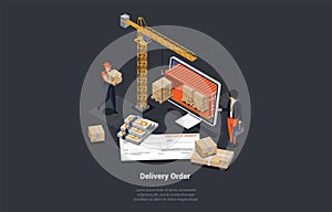 Global Logistics Business. Cargo, Transportation And Courier Delivery. Customer Receives Parcel By Delivery Order