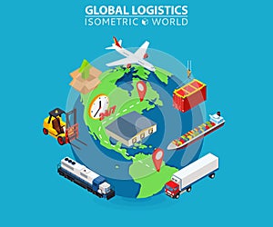 Global Logistics cargo delivery flat 3d isometric pixel art modern design