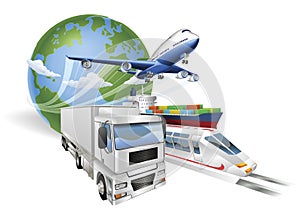 Global logistics concept airplane truck train ship