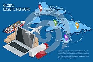 Global logistics. Global logistics network. Logistic isometric concept. Logistic Insurance. Ship cargo concept. Logistic