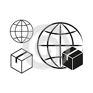 Global logistics icons. Vector set of globe and package. Shipping and delivery symbols.