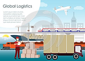 Global logistics network with air, sea, train, truck and mass transportation concept