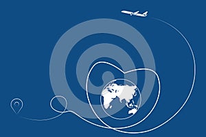 Global logistics network. Airplane route in heart shape. Romantic travel concept. Blue background with start point,  globe, heart,