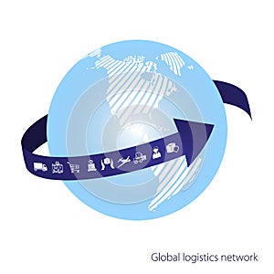 Global logistics network. The blue arrow goes around the globe. White similar world map. Set icons transport and logistics.