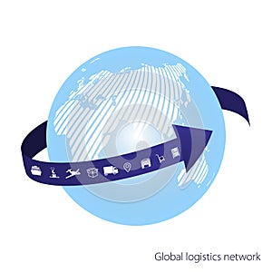 Global logistics network. The blue arrow goes around the globe. White similar world map. Set icons transport and logistics.