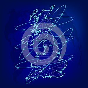 Global logistics network concept. Communications network map of the Great Britain on the world background. United Kingdom of Great