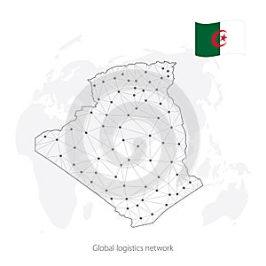 Global logistics network concept. Communications network map of Algeria on the world background.  Map of  Algeria  with nodes in p