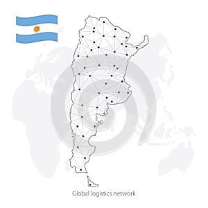 Global logistics network concept. Communications network map Argentina on the world background. Map of Argentina with nodes in pol