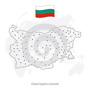 Global logistics network concept. Communications network map of Bulgaria  on the world background.  Map of  Bulgaria  with nodes i