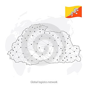 Global logistics network concept. Communications network map of Butane on the world background. Map of Butane with nodes in polygo