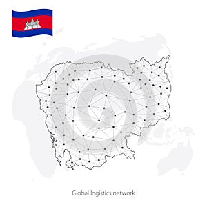 Global logistics network concept. Communications network map of Cambodia on the world background. Map of Cambodia with nodes in po