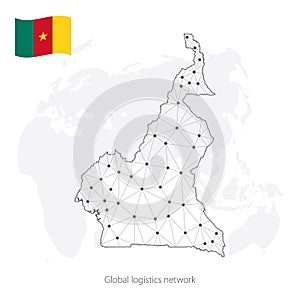 Global logistics network concept. Communications network map Cameroon on the world background. Map Republic of  Cameroon
