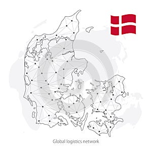 Global logistics network concept. Communications network map Denmark on the world background. Map Denmark with nodes in polygonal