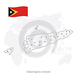 Global logistics network concept. Communications network map of East Timor on the world background. Map of East Timor with nodes i