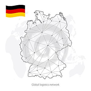 Global logistics network concept. Communications network map of Germany on the world background. Map Federal Republic of Germany w