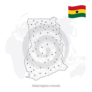 Global logistics network concept. Communications network map of Ghana on the world background.  Map of  Ghana with nodes in polygo