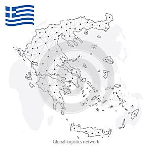 Global logistics network concept. Communications network map Greece on the world background.  Map of  Greece with nodes in polygon