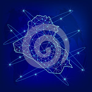 Global logistics network concept. Communications network map Iraq on the world background. Map Republic of Iraq with nodes in poly